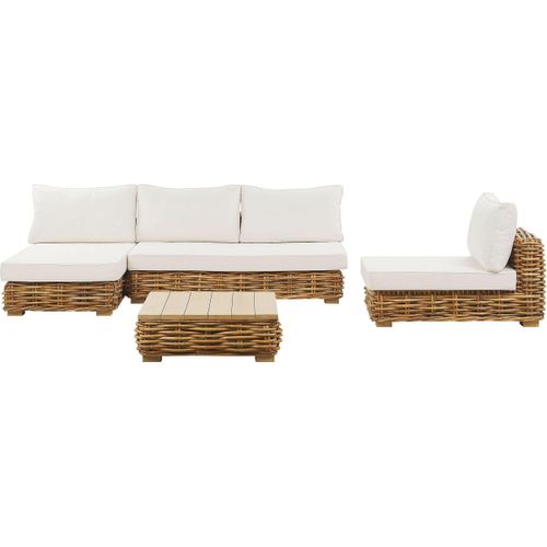 BELIANI Lounge Set Natürlich Rattan 4-Sitzer Rechtsseitig mit Auflagen Cremeweiß Tisch und Lounger Boho Gartenausstattung Terrasse Outdoor