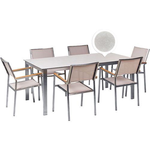 BELIANI Gartenmöbel Set 7-Teilig Weiß und Beige Edelstahl 6 Stühle Polyester Tisch 180x90 cm Sicherheitsglas Keramik Gartenausstattung Outdoor Indoor