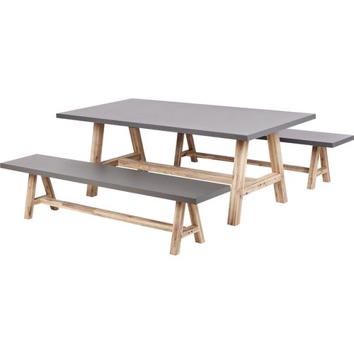 BELIANI Gartenmöbel Set 3-Teilig Grau Faserzement Rechteckiger Tisch 200 x 100 cm und 2 Bänke mit hellen Holzbeinen Indoor & Outdoor Garten