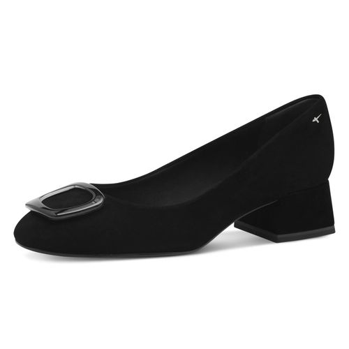 Pumps TAMARIS, Damen, Gr. 38, schwarz, Ziegenveloursleder, unifarben, modisch, Schuhe, Blockabsatz, Businessschuh, Schlupfschuh mit hübschen Schmuckelement