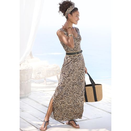Maxikleid BUFFALO, Damen, Gr. 40, N-Gr, bunt (beige, jeansblau bedruckt), Jersey, Obermaterial: 100% Viskose, bedruckt, modisch, figurumspielend knöchellang, V-Ausschnitt, ohne Ärmel, Kleider, mit Alloverdruck und Schlitz, Sommerkleid, Strandkleid