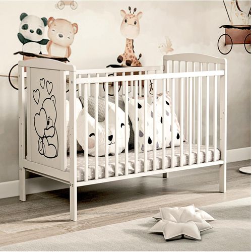 Kinderbett Babybett TIMMI – Ökologisch und aus Massivholz 3 fach höhenverstellbar inkl. Schaumstoffmatratze 60 x 120 cm Weiß