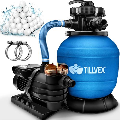 tillvex® Sandfilteranlage Pool Blau 13.200L/h bis 40.000L + 1200g Filterbälle | Filteranlage 7-Wege Ventil & 2in1 Adapter Ø32-38mm | Poolfilter Selbstansaugend | Sandfilter Schwimmbecken