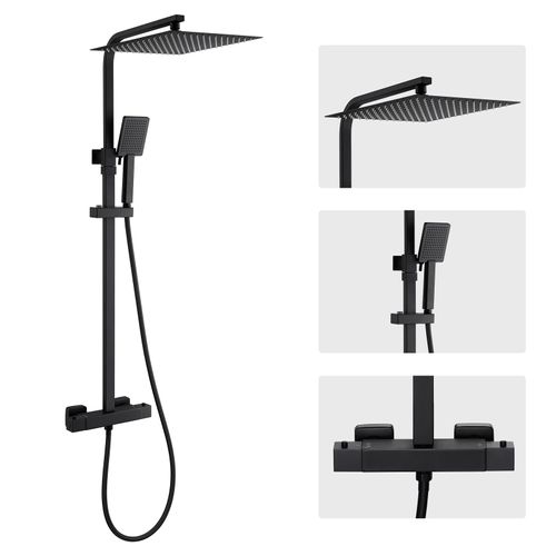 Duschsystem mit Thermostat Duscharmatur Regendusche Duschset Duschsäule Dusche mit 30X30cm DuschkopfHöhenverstellbar 80-124cm