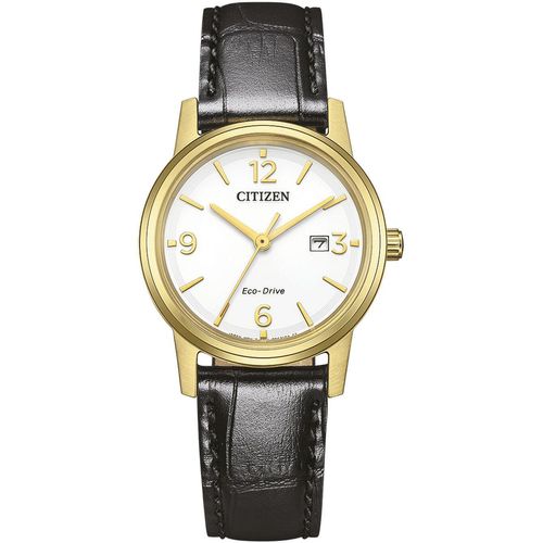 Solaruhr CITIZEN, schwarz, Armbanduhren, Damen, Armbanduhr, Damenuhr, Lederarmband, analog, Datum, Eco-Drive