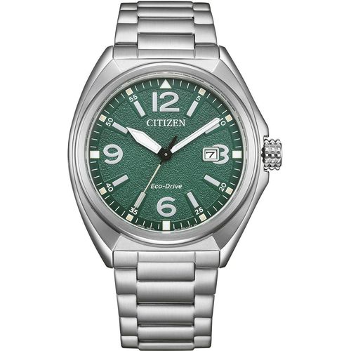 Solaruhr CITIZEN, silber (silberfarben, grün), Armbanduhren, Herren, Armbanduhr, Herrenuhr, Edelstahlarmband, analog, Datum, Eco-Drive