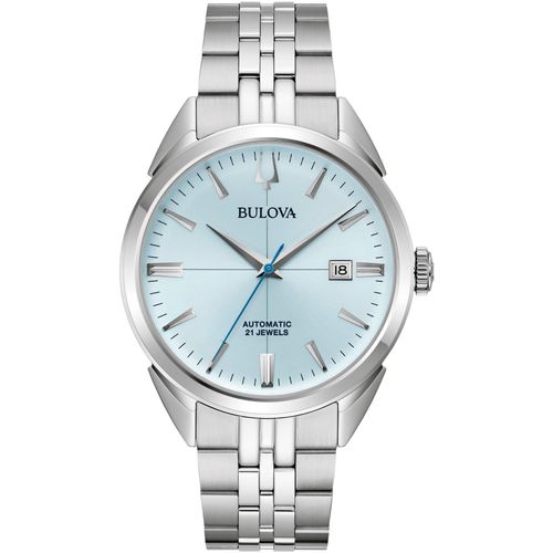 Automatikuhr BULOVA, silber (silberfarben, hellblau), Armbanduhren, Damen, Armbanduhr, Herrenuhr, Damenuhr, Lederarmband, Saphirglas