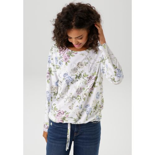 Langarmshirt ANISTON CASUAL, Damen, Gr. 42, silber (wollweiß, rosa, blau, oliv, hellgrün, gelb, braun, silberfarben), Single Jersey, Obermaterial: 95% Baumwolle, 5% Elasthan, Glitzermuster, bedruckt, geblümt, lässig geschnitten Po-bedeckend, Rundhals, Shirts, mit silberfarbenen Schriftzug verzierter Rosendruck