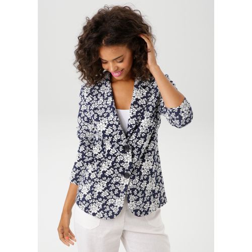 Sweatblazer ANISTON CASUAL, Damen, Gr. 42, blau (marine, weiß), Sweatware, Jersey, Obermaterial: 67% Polyester, 31% Viskose, 2% Elasthan, geblümt, Jacquardmuster, modisch, figurbetont hüftlang, Langarm, Blazer, mit ausdrucksvollem Blumenmuster