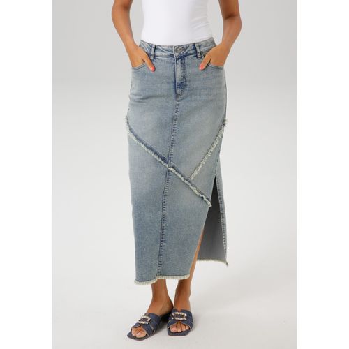 Jeansrock ANISTON CASUAL, Damen, Gr. 38, blau (bleached, used), Denim/Jeans, Obermaterial: 75% Baumwolle, 23% Polyester, 2% Elasthan, Abriebeffekte, used, casual, figurbetont wadenlang, Röcke, mit raffiniertem Seitenschlitz