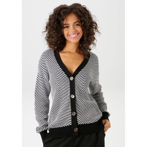 Strickjacke ANISTON CASUAL, Damen, Gr. 34, schwarz-weiß (schwarz, weiß), Strick, Obermaterial: 100% Baumwolle, gemustert, Fischgratmuster, modisch, lässig geschnitten hüftbedeckend, V-Ausschnitt, Langarm Strickbündchen, Strickjacken, im trendigem Fischgrat-Muster
