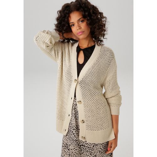 Strickjacke ANISTON CASUAL, Damen, Gr. 42, beige (sand), Strick, Obermaterial: 100% Polyacryl, unifarben, Ajourstrickmuster, casual, lässig geschnitten hüftbedeckend, V-Ausschnitt, Langarm Rippstrickbündchen, Strickjacken, mit trendigem Lochstrick-Muster