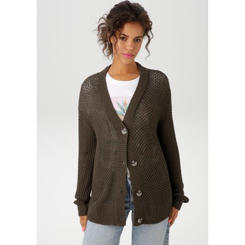 Strickjacke ANISTON CASUAL, Damen, Gr. 34, grün (khaki), Strick, Obermaterial: 100% Polyacryl, unifarben, Ajourstrickmuster, casual, lässig geschnitten hüftbedeckend, V-Ausschnitt, Langarm Rippstrickbündchen, Strickjacken, mit trendigem Lochstrick-Muster