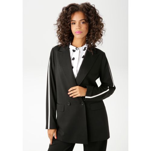 Longblazer ANISTON CASUAL, Damen, Gr. 40, schwarz-weiß (schwarz, weiß), Jersey, Obermaterial: 82% Polyester, 15% Viskose, 3% Elasthan. Futter: 100% Polyester, unifarben mit Farbeinsatz, modisch, lässig geschnitten Po-bedeckend, Langarm, Blazer, mit trendigem Streifen an Schulter und den Ärmeln