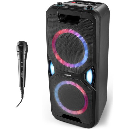 MEDION P61468 Party-Soundsystem (Partylautsprecher inkl. Mikrofon, Karaoke, Akku, UKW Radio, Bluetooth 5.0, Kompaktanlage, 2X 220 Watt, Farbige LED, USB, AUX, 2X Mikrofonanschluss)
