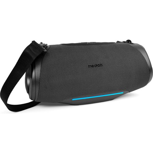 MEDION P61762 tragbarer Bluetooth Lautsprecher (Akku, Bass Boost, Musikbox, RGB Lichteffekte, IPX7 Wasserschutz & robust, integrierte Powerbank, 2X 25 W RMS) Anthrazit