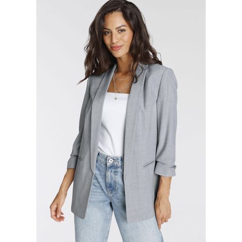 Longblazer LAURA SCOTT, Damen, Gr. 44, grau (grau, melange), Web, Obermaterial: 90% Polyester, 10% Elasthan. Futter: 100% Polyester, meliert, feminin, figurbetont hüftbedeckend, 3/4-Ärmel, Blazer, mit gerafften Ärmeln