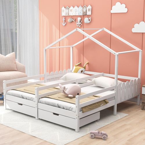 Kinderbett mit 2 Schlafgelegenheiten, Schubladen und Lattenrost, 90x200 cm, (2-St), Hausbett mit Rausfallschutz, Holzbett aus Kiefer, Jugendbett