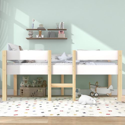 Kinderbett mit Lattenrost, 90x200 cm, Einzelbett mit Rausfallschutz, Holzbett aus Kieferholz