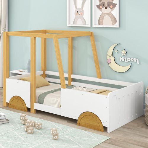Kinderbett mit Rollrost, 90x200 cm, Autobett, Einzelbett mit Rausfallschutz, Holzbett aus Kiefer, Jugendbett