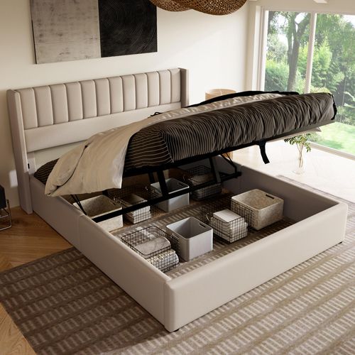 Sweiko Polsterbett, hydraulisches Doppelbett, Massivholzbett mit Kopfteil und Lattenrost, Stauraumbett, Bettwäsche, Beige, 160x200 cm (ohne Matratze)