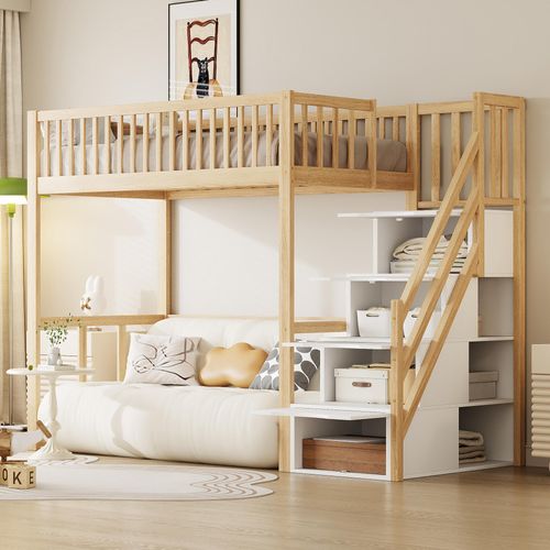 Flieks Etagenbett 90x200cm mit Rausfallschutz, Kinderbett mit Treppe, Hochbett mit Schubalden und Regal, Holzbett Stockbett Einzelbett, Naturbelassen