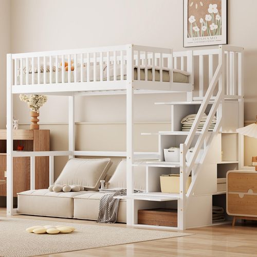 Flieks Etagenbett 90x200cm mit Rausfallschutz, Kinderbett mit Treppe, Hochbett mit Schubalden und Regal, Holzbett Stockbett Einzelbett, Weiß