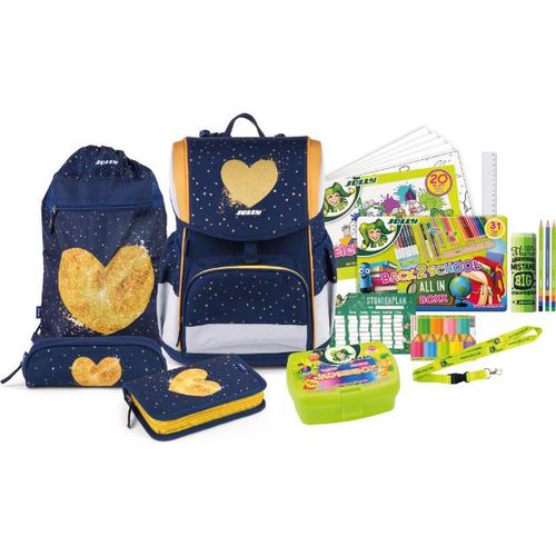 JOLLY Schultaschenset – Ergonomic Flexi, 46-Teilig, inkl. Turnbeutel, Schüttelpennal und Federpennal, höhenverstellbarer Rücken mit Push-System, Heart