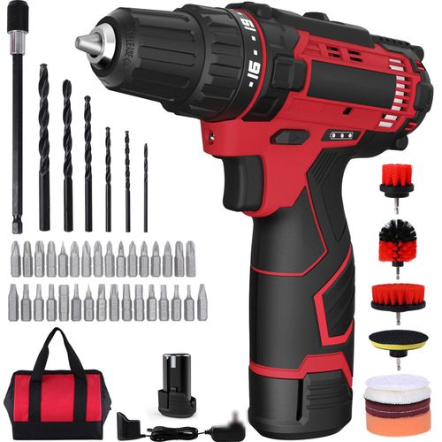 Akku-Bohrschrauber Set 12V Power Drill Set 50PCS Electric Drill Brushes Set 18+1 Clutch Screw Driver mit LED 2-Speed 280In-lb Torque 3/8-inch Keyless Chuck for Drilling Wood/Metal/Bricks Red EU