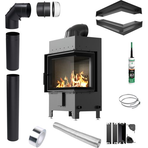 Kamin KRATKI LUCY Rechts 12kW Ø200 SCHWARZ Rohrset Luft mit Schließung