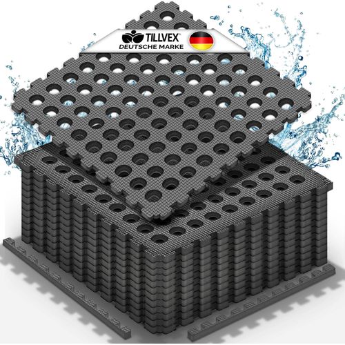 tillvex® Pool Bodenschutzmatte mit Löchern 48 Stück Schwarz | Unterlegmatte für Pool & Planschbecken 51x51 cm | Poolmatte Bodenmatte Outdoor | Poolunterlage Bodenschutz Matten wärmeisolierend | Whirlpool Bodenfolie weich