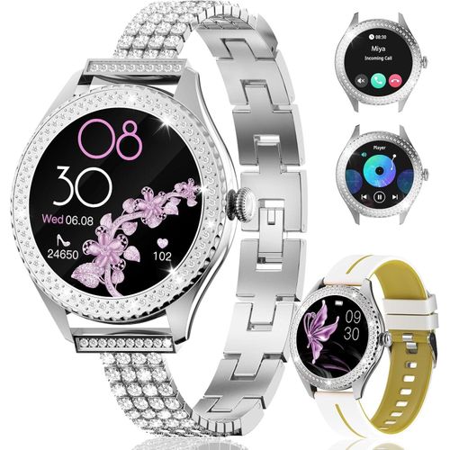 Damen Smartwatch, modisch mit Diamant- & Silikonarmband, 123 Sportmodi, Gesundheitsmonitoring, HD-Display, kompatibel mit Android & iOS, Silber