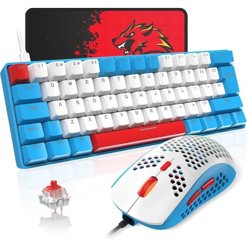 Tastatur-Maus-Sets, Kompakt 62 Tasten, Typ C Wired, 19 Hintergrundbeleuchtung Gaming-Tastatur + 6400 DPI RGB Maus + Mauspad, UK Layout für PC,Laptop