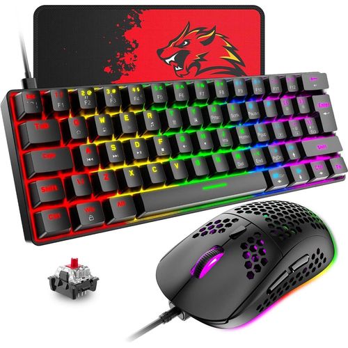 Tastatur-Maus-Sets, Kompakt 62 Tasten, Typ C Wired, 19 Hintergrundbeleuchtung Gaming-Tastatur + 6400 DPI RGB Maus + Mauspad, UK Layout für PC,Laptop