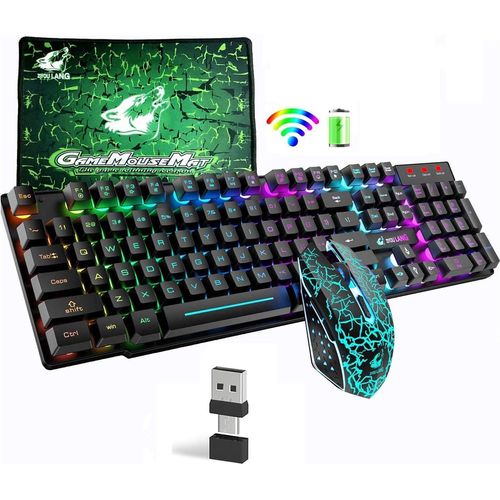 Tastatur mit Regenbogen-Hintergrundbeleuchtung, 2,4 G, wiederaufladbar, mechanische Haptik, 104 Tasten, Gaming-Tastatur + 2400 DPI, 6 Tasten
