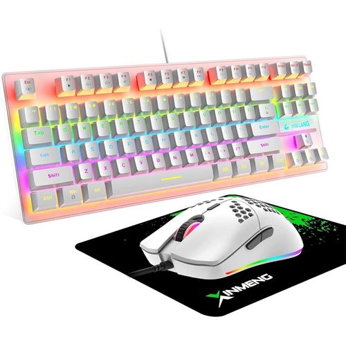 Gaming-Tastatur-Maus-Set, TKL 80% QWERTY Layout, Kompakt 87 Tasten, Klickbarer Blauer Schalter, Regenbogen-LED-Backlit Mechanische Tastatur + 6400 DPI