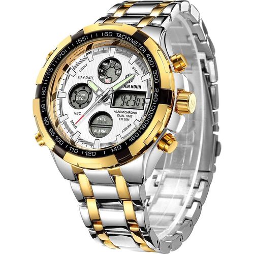 Armbanduhr für Herren, Schwerer Chronograph aus Edelstahl, wasserdicht, mit Datums- und Alarmfunktion, Analog-/Digitalanzeige