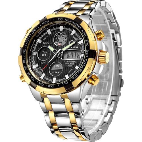 Armbanduhr für Herren, Schwerer Chronograph aus Edelstahl, wasserdicht, mit Datums- und Alarmfunktion, Analog-/Digitalanzeige