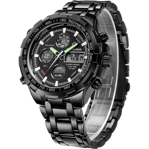 Armbanduhr für Herren, Schwerer Chronograph aus Edelstahl, wasserdicht, mit Datums- und Alarmfunktion, Analog-/Digitalanzeige