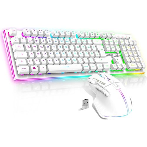 Gaming Tastatur Maus Set Kabellos Weiß Wiederaufladbar RGB | Layout QWERTZ Deutsch| Keyboard Semi Mechanisch | 4800 DPI Wireless Mouse | Für PS5, PS4