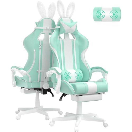 Gaming Stuhl Ergonomisch Gaming Sessel mit Fußstütze Gaming Chair mit Kopfstütze und Lendenkissen PC Stuhl Racing Computerstuhl Hasenohren Mintgrün