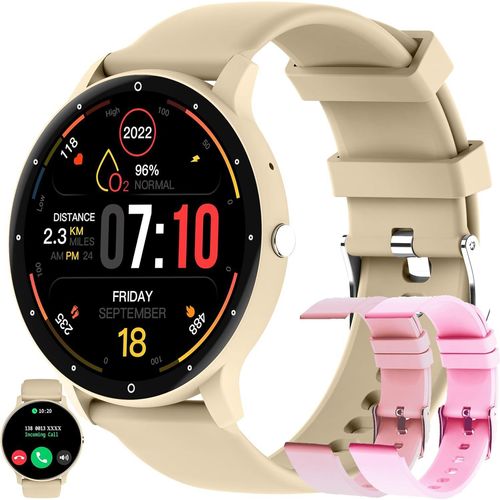 Damen Smartwatch mit Telefonfunktion, 5ATM wasserdicht, 123 Sportmodi, Fitnessuhr, Aktivitätstracker, 1,39 Zoll Touchscreen, für Android iOS (Gold)
