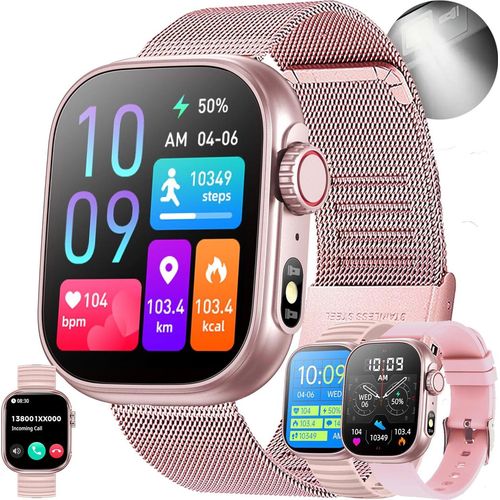 Damen-Smartwatch mit Telefonfunktion, 2,01 Zoll Touchscreen, IP68 wasserdicht,mit Taschenlampe, Blutdruckmessgerät, SpO2, 123 Sportmodi,Android IOS