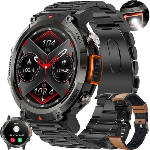 Herren-Smartwatch mit Telefonfunktion, 1,45 Zoll Touchscreen 5ATM mit Blutdruckmessgerät, SpO2, Taschenlampe, 123 Sportmodi für Android iOS
