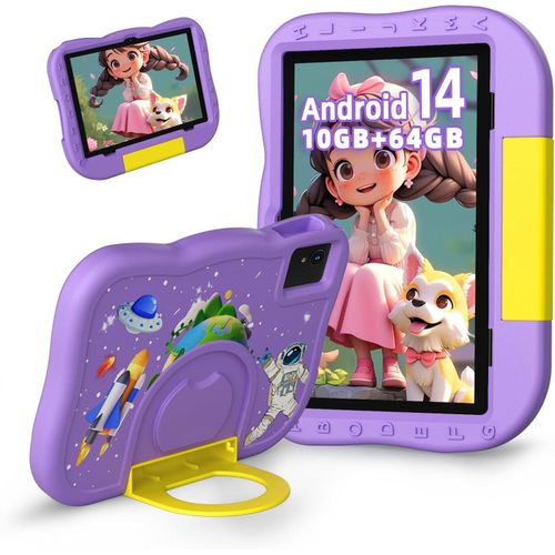Rebecco Android 14 Tablet Kinder 10 Zoll, 10+64GB Octa-Core, 1TB SD Karte erweiterbar, Kindersicherung, Dual Kamera, Tasche, WiFi 6, tolles Geschenk (Lila)