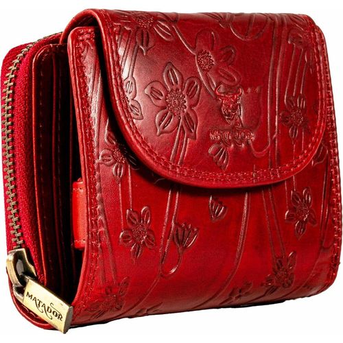 Damen Geldbörse | Echt Leder Portmonnaie | Frauen Brieftasche | er RFID Schutz | 14 Kartenfächer Damen Geldbörse Blumenmuster Rot