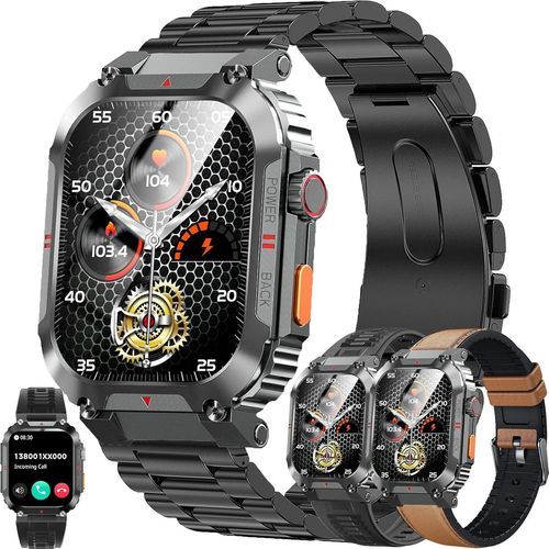 Herren Smartwatch mit Telefonfunktion, 2,02 Zoll Touchscreen IP68 Wasserdichter Stahl Aktivitätstracker mit Blutdruckmessung 123 Sportmodi iOS Android