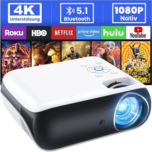 Full HD 1080P Beamer, Bluetooth Beamer 4K Unterstützt, Tragbare Mini Beamer Heimkino, Home/Outdoor Projektor Kompatibel mit Smartphone/HDMI/USB/AV