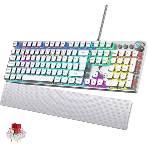 Gamer Tastatur Programmierbare mit Magnetische Handgelenkauflage, Rote Schalter, 19 LED Modi, Multimedia-Tasten, PC Tastatur Kabel QWERTZ DE-Layout