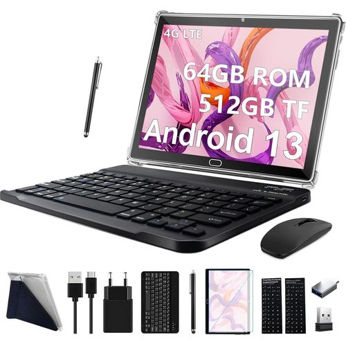 Tablet 10 Zoll, 3-in-1-Tastatur-Maus-Stift, Android 13 4G LTE 2 SIM 1 SD, 64 GB ROM 512 GB TF Octa-Core 1080P FHD 13 MP 6000 mAh Bluetooth WLAN GPS